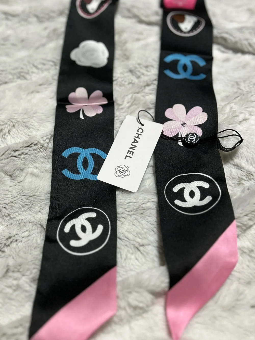 C Pink & Blue Logo Silk Twilly Scarf -